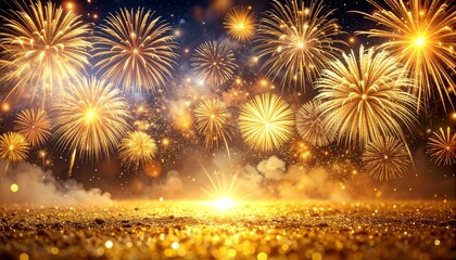 Dazzling golden fireworks explode brilliantly illuminating a glittering ground creating a celebratory festive atmosphere