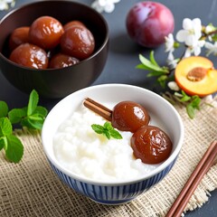 Creamy rice porridge with plums