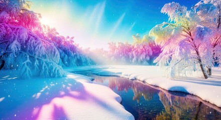 Fototapeta premium Winter wonderland landscape with snow covered trees and a stream of water