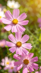 Obraz premium Delicate pink cosmos flowers in sunlight