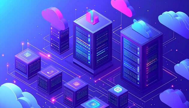 Modern data center servers connect to cloud storage in vibrant neon blue and purple digital network