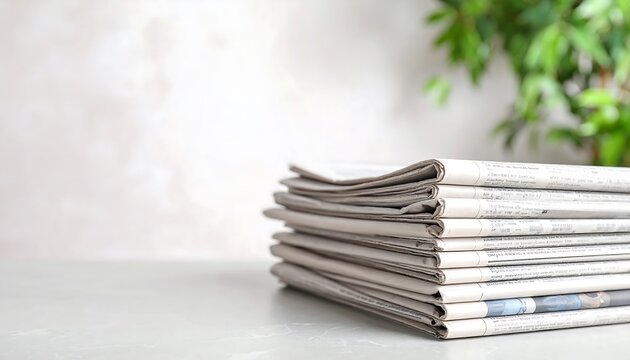 Stack of Newspapers on Table with News, Journalism, Background with Plant, and Light  Neutral Tones.