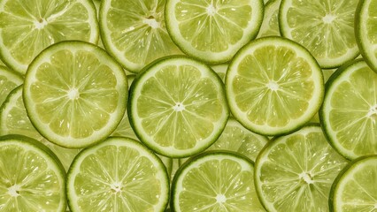 A vibrant, fresh display of numerous lime slices, creating a pattern of concentric circles and a bright, green palette.