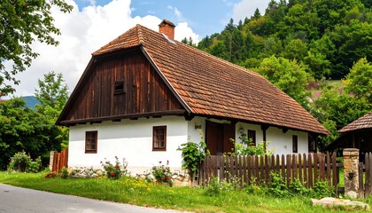 Rustic wooden house nestled in valley