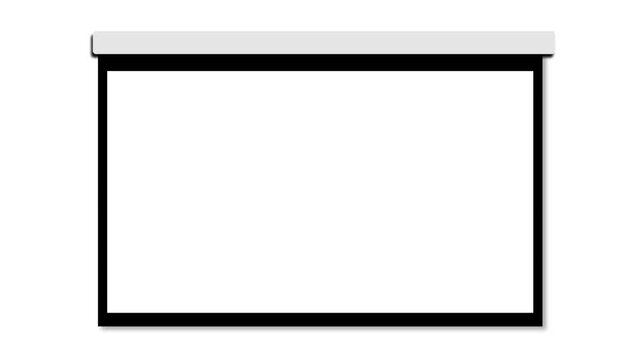 Animation of a projector screen rolling down and up. Includes a blank white version and a blue screen on a green screen background for chroma keying.