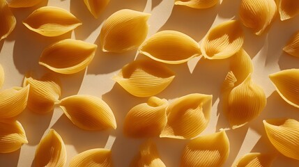A close-up view of numerous uncooked pasta shells, arranged in a sunlit, gently warm backdrop.  Their golden hue and intricate patterns create a captivating food arrangement.