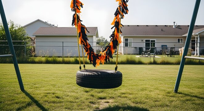 Fun tire swing decorated with black and orange streamers hanging in a sunny green backyard - Powered by Adobe
