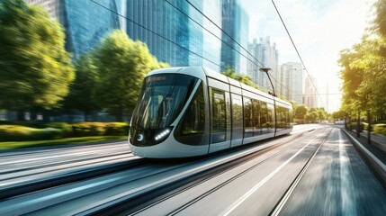An autonomous electric tram moving smoothly  on blurred background