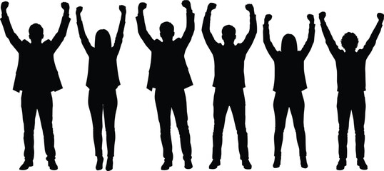 Business people silhouette celebrating success, office team raising hands, corporate workers unity, teamwork achievement, professional group victory, successful celebration illustration