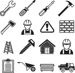 Obraz premium Illustration showing construction and building tools and equipment in black and white line art style