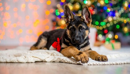 A German Shepherd puppy resting on a white blanket near a decorated Christmas tree