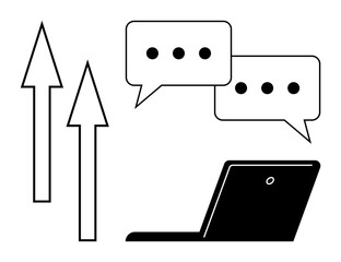 Speech bubbles with dot messages, upward arrows, and laptop. Ideal for communication, growth, technology, online learning, productivity networking innovation. Minimalist flat metaphor