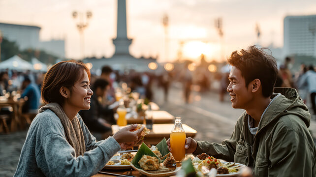 Couple sharing a meal at an outdoor market, enjoying the atmosphere and the sunset, fostering connection and shared experiences.