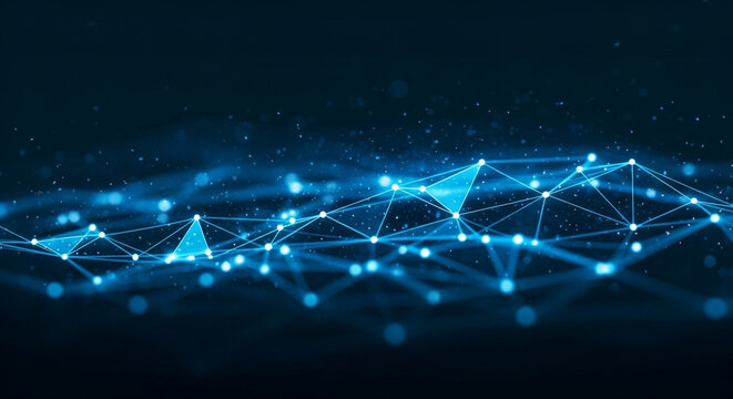 Dynamic blue network connecting data points for future technology and innovation solutions - Powered by Adobe