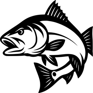 Redfish logo design &ndash; bold black and white fish illustration vector, red drum sport fishing emblem, trophy game fish artwork for anglers, seafood restaurant branding, outdoor adventure