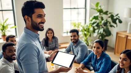 Confident Business Leader Presenting on Tablet to Diverse Team in Modern Office