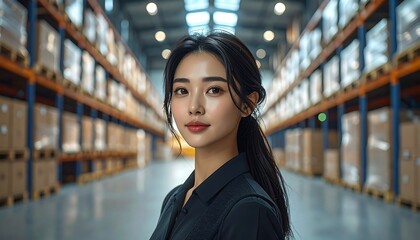 Woman in warehouse, looking forward