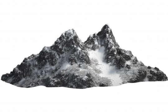 Rugged mountain range with snow-covered rocks and steep peaks in black and white