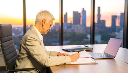 Businesswoman working at desk with city view