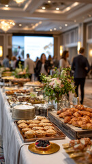 Buffet table laden with pastries, croissants, and desserts at a corporate event or reception. Food catering concept.
