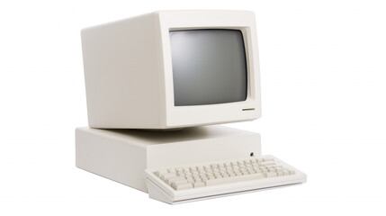 Vintage white desktop computer with QWERTY keyboard on transparent background