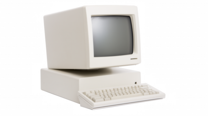 Vintage white desktop computer with QWERTY keyboard on transparent background
