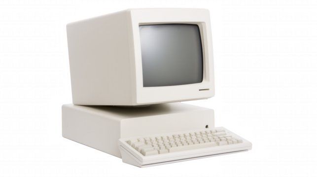 Vintage white desktop computer with QWERTY keyboard on transparent background