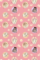 Illustration of various rabbits decorated with cream colored flowers on a light pink background. Cute seamless pattern for posters, wallpapers, fabrics and gift wraps.