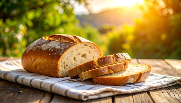 Freshly baked loaf of bread on a wooden table