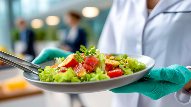 A gloved server presents a plate of colorful mixed salad, brimming with fresh vegetables and fruit. Health and hygiene are prioritized. - Powered by Adobe