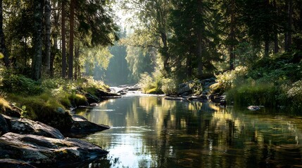 A tranquil forest stream, reflecting the sunlight and surrounding trees in its still waters.
