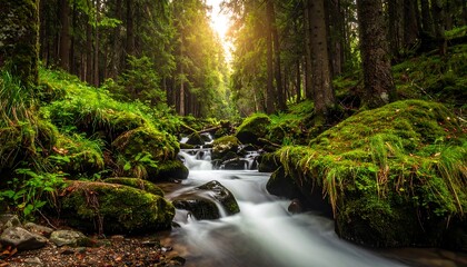 Obraz premium Sunlight streams through a lush forest, cascading down a mossy stream