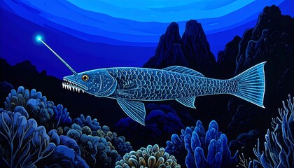 Underwater predator: Anglerfish lurking in the deep sea landscape illustration