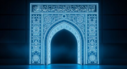Illuminated archway with intricate islamic calligraphy design glows brightly in a dark interior space.