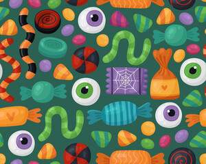 Seamless pattent for Halloween. Different candies, lollipops, caramel, gummy worms, gummy eyeballs on a green background. Trick or treat, Halloween treats, many sweets.