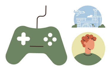 Green gaming controller, person portrait, and airport scene symbolize technology, leisure, and travel. Ideal for gaming, travel, hobbies, education communication youth culture entertainment