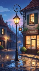 A charming, rain-drenched European town square at night, illuminated by a warm-toned streetlamp, showcasing a quaint caf? with inviting interiors.