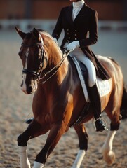 Elegant Dressage Rider Demonstrating Skillful Control on a Brown Horse During a Warm, Sunny Afternoon Competition in an Equestrian Arena