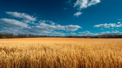 A vast golden wheat field stretches under a vibrant blue sky dotted with fluffy white clouds, creating a serene and peaceful rural scene.