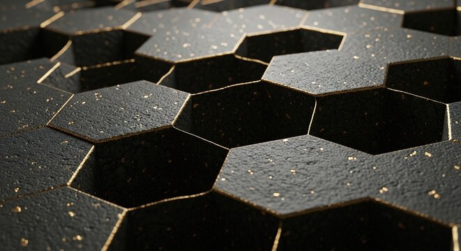 Close-up View of Intricate Black Hexagonal Tiles with Gold Accen