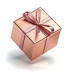 Obraz premium An illustration of a shiny rose gold gift box with a pink ribbon. It is suspended in the air with a shadow below, representing luxury gifting, celebrations, and premium rewards.