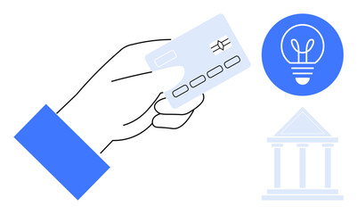 Hand holding a payment card near light bulb and bank icons, symbolizing digital banking, innovation, and financial technology. Ideal for fintech, finance, banking, payment systems, innovation