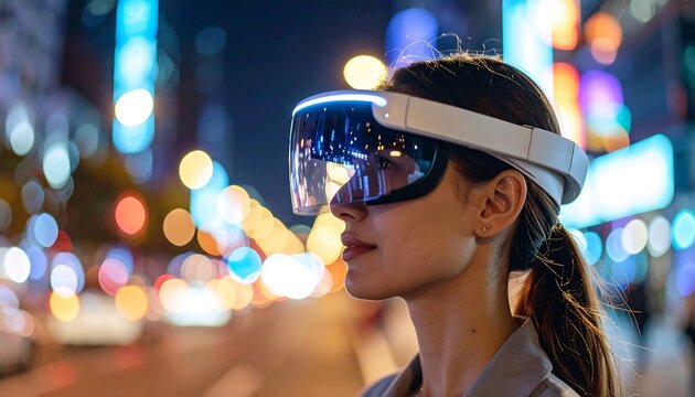Woman in VR headset exploring futuristic cityscape at night Immersive experience.