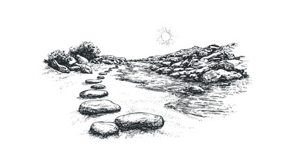 Stepping stones leading across a shallow stream towards rocky hills under a drawn sun. Vector hand drawn illustration