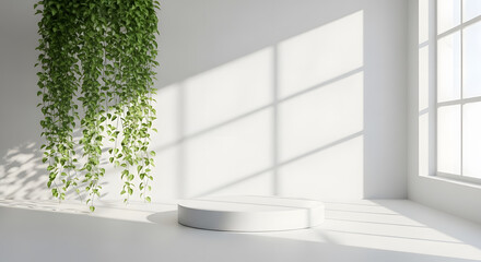 Fototapeta premium White Minimalist Product Display Platform with Plant Shadows