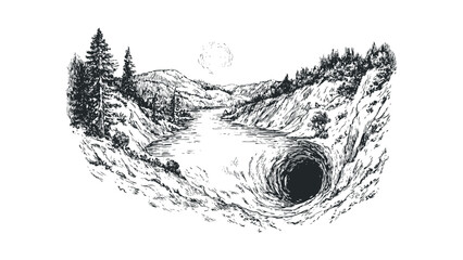 Hand drawn sketch of a black hole opening in a rocky landscape with trees and water. Vector hand drawn illustration