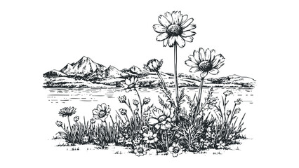 Line drawing of daisies and wild grass with mountains and lake. Vector hand drawn illustration