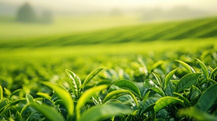 Fototapeta premium tea leaves being harvested, with a blurred backdrop of tea fields stretching into the distance