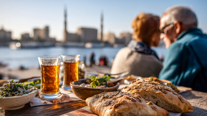 Riverside Meal: Enjoying tea, fresh bread, and appetizers with a scenic city view. Casual dining with a loved one.