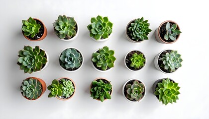 Top down flat lay of a diverse collection of miniature green succulent plants neatly arranged in pots on a clean white background